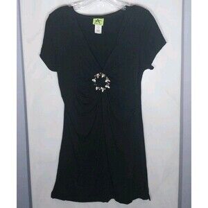 Beach Star Black Tunic Top Beaded Seashell Ring Ruched Side Slits Stretch S